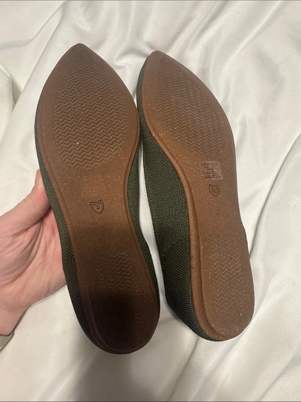 Rothy's Olive Green Pointed-Toe Knit Flats with Blue Trim